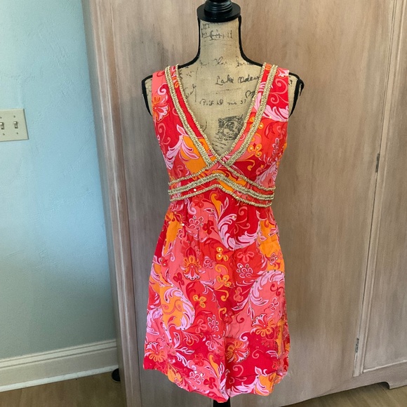 MUSE Boston Proper Mod Y2K pucci inspired retro floral silk Lotus dress coral 6 - Picture 1 of 15